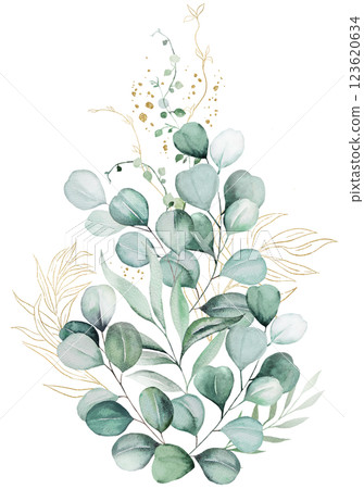Bouquet with green and golden watercolor eucalyptus leaves, pastel wedding isolated illustration 123620634