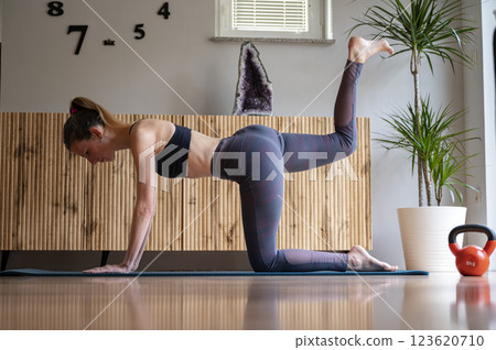 Fit young woman in sportswear working out at home on a mat 123620710