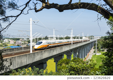 Overlooking view of the Taiwan High Speed Rail trains passing the Waipu of Taichung in Taiwan, It is the only high-speed railway in Taiwan. 123620820