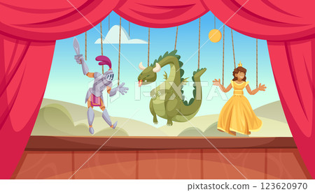 Dummy strings. Theatrical background performance stage with wooden puppet hand manipulation on strings exact vector template Dummy strings. Theatrical background performance stage with wooden puppet hand manipulation on strings exact vector template 123620970