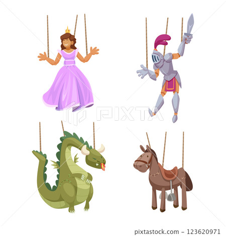 Puppet strings. Wooden dummy theatrical puppet in action poses exact vector hand manipulation concept illustrations string controller 123620971
