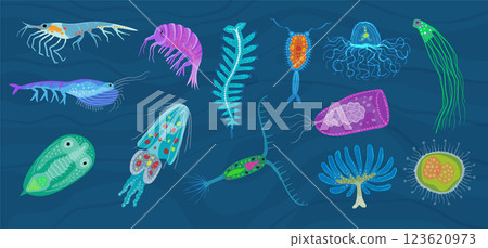 Plankton. Underwater ocean life different microorganism recent vector microbiology illustrations set 123620973