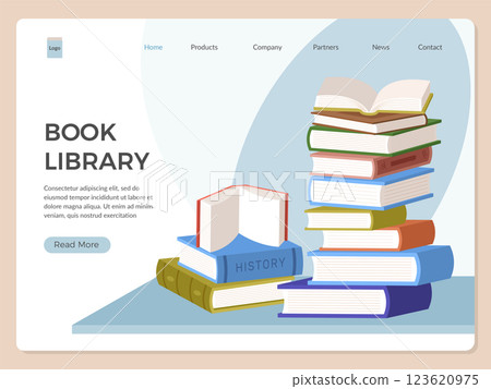 Library landing. Web page template with books stacks and shelves recent vector ui design 123620975