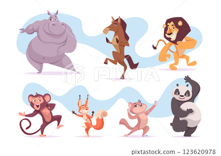 Funny dancers. Cute cartoon animals in action poses jumping dancing flying on party have fun exact vector jungle zoo characters 123620978