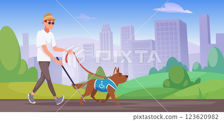 Disabilities characters. Domestic dogs assistants to blind persons exact vector cartoon background 123620982