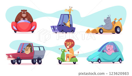 Driving animals. Urban transport with different cute animals drivers exact vector illustrations templates 123620983