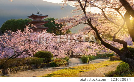 Plum blossoms begin to bloom in the Japanese garden, and the soft sunlight filtering through the branches signals the arrival of spring. 123620984