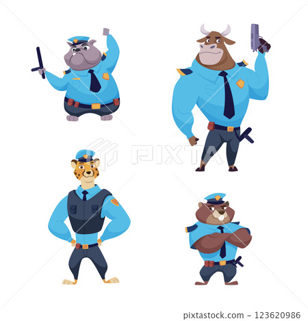 Police animals. Zoo characters in police professional uniform exact vector mascots animals in action poses cartoon illustrations Police animals. Zoo characters in police professional uniform exact vector mascots animals in action poses cartoon illustrations 123620986