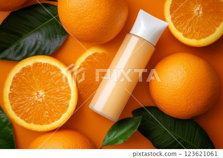 Natural vitamin c skincare products fresh juicy orange fruit slice and green leaf on orange background. Cosmetic beauty product branding mock-up for moisturizing cream, lotion, foam or shampoo 123621061