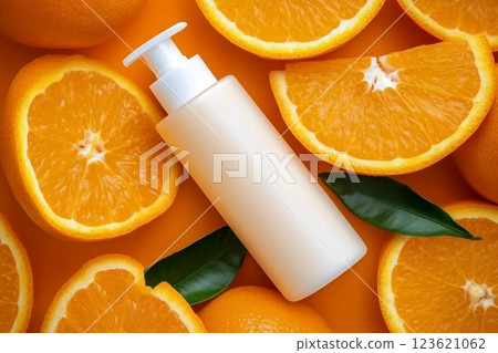Natural vitamin c skincare products fresh juicy orange fruit slice and green leaf on orange background. Cosmetic beauty product branding mock-up for moisturizing cream, lotion, foam or shampoo 123621062