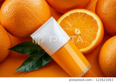 Natural vitamin c skincare products fresh juicy orange fruit slice and green leaf on orange background. Cosmetic beauty product branding mock-up for moisturizing cream, lotion, foam or shampoo Natural vitamin c skincare products fresh juicy orange fruit slice and green leaf on orange background. Cosmetic beauty product branding mock-up for moisturizing cream, lotion, foam or shampoo 123621063