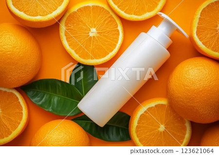 Natural vitamin c skincare products fresh juicy orange fruit slice and green leaf on orange background. Cosmetic beauty product branding mock-up for moisturizing cream, lotion, foam or shampoo 123621064
