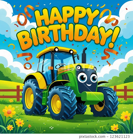 Happy birthday card with cartoon tractor on farm.  123621123