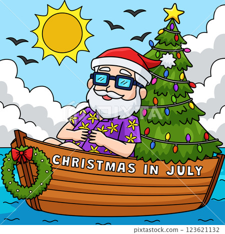 Christmas in July Santa on a Boat Colored Cartoon Christmas in July Santa on a Boat Colored Cartoon 123621132