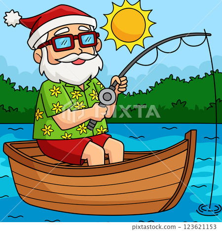 Christmas in July Santa Fishing Colored Cartoon  123621153