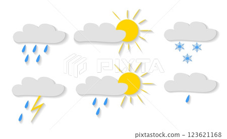 Weather symbols illustrating sun, rain, snow, and lightning in a simple vector style 123621168