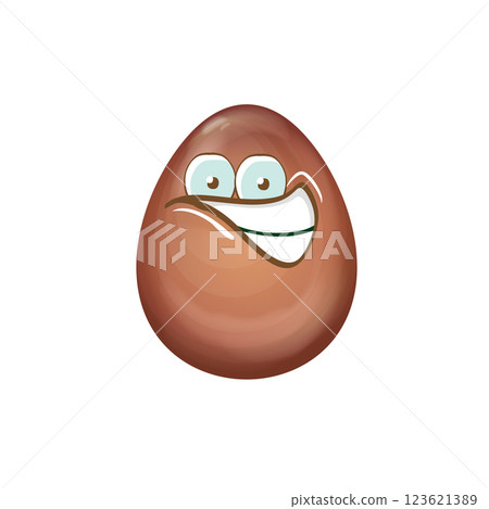 Cartoon chocolate easter egg character isolated on white background. Smiling Egg vector concept illustration. funky sweet chocolate easter character with eyes and mouth. Vector sticker and banner 123621389
