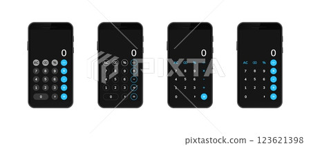 Four different styles of smartphone calculators with bold blue and white design elements Four different styles of smartphone calculators with bold blue and white design elements 123621398