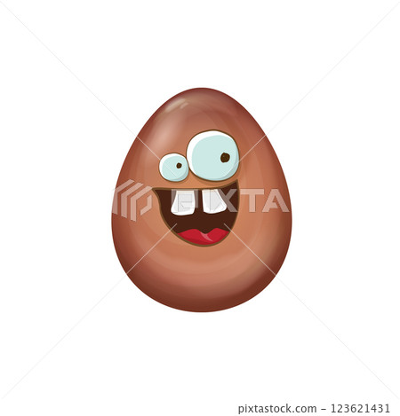 Cartoon chocolate easter egg character isolated on white background. Smiling Egg vector concept illustration. funky sweet chocolate easter character with eyes and mouth. Vector sticker and banner 123621431