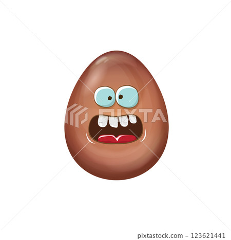 Cartoon chocolate easter egg character isolated on white background. Smiling Egg vector concept illustration. funky sweet chocolate easter character with eyes and mouth. Vector sticker and banner 123621441