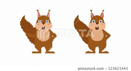 Pixel art squirrels with big tails standing with hands on hips facing forward Pixel art squirrels with big tails standing with hands on hips facing forward 123621443
