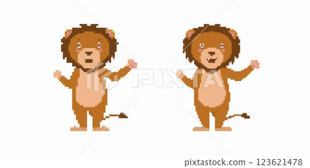 Pixel art style lions with detailed manes and friendly faces 123621478