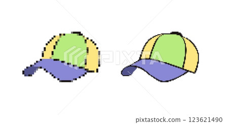 Colorful caps with green yellow panels and blue peaks in pixel and vector art styles Colorful caps with green yellow panels and blue peaks in pixel and vector art styles 123621490