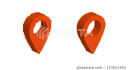 Two simple pixel art orange map pins facing opposite directions with open centers Two simple pixel art orange map pins facing opposite directions with open centers 123621493