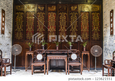 Interior view of Lou Kau Mansion built with Portuguese decoration and Chinese architectural style. China. This is part of the UNESCO World Heritage. 123621551