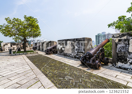 Replica cannon and defense wall of Mount Fortress, Fortaleza do Monte is located in Santo Antonio in Macau. The fort is one of the UNESCO World Heritage. 123621552