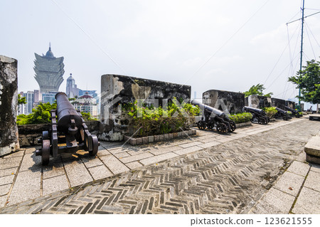 Replica cannon and defense wall of Mount Fortress, Fortaleza do Monte is located in Santo Antonio in Macau. The fort is one of the UNESCO World Heritage. 123621555