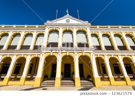 Building view of the Cultural Affairs Bureau at the Tap Seac Square in St. Lazarus District, Macau.  123621574