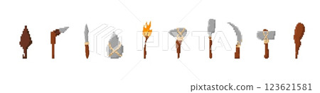 Pixel art tools and weapons: collection of primitive items with various designs Pixel art tools and weapons: collection of primitive items with various designs 123621581