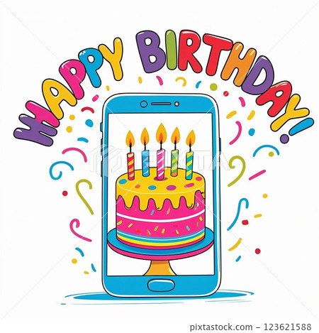 Colorful birthday cake with candles on a smartphone screen.  123621588