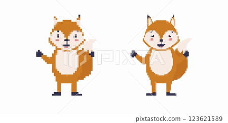 Pixel art foxes joyfully posing with arms up and subtle expression differences 123621589