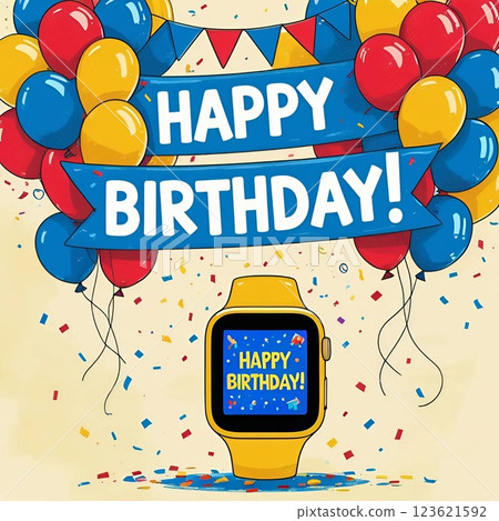 Happy birthday celebration with balloons and smartwatch on confetti background.  123621592
