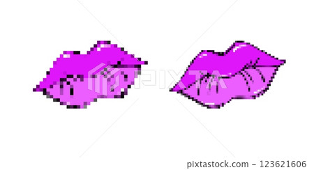Bright pixel art lips with bold colors and cartoon style 123621606