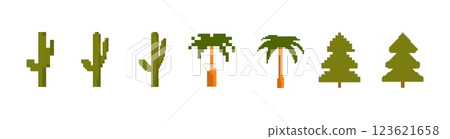 Pixel art collection of cacti and trees in simple green and brown design with varied shapes 123621658
