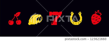 Retro pixel art icons including lemon, cherries, lucky seven, horseshoe, and strawberry 123621660
