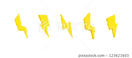 Bright yellow lightning bolt shapes in pixel art style with sharp cool designs Bright yellow lightning bolt shapes in pixel art style with sharp cool designs 123621683
