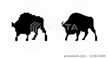 Silhouette of two majestic buffalo walking with graceful stance and strong presence displayed 123621690