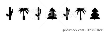 Collection of silhouetted trees with various shapes and features in a simple design 123621695