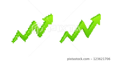 Two green pixelated arrows pointing upward indicating growth and positive trend in digital graphics 123621706
