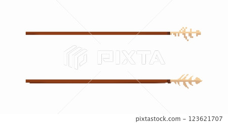Two pixel art arrows with wooden shafts and simple feather designs at one end 123621707
