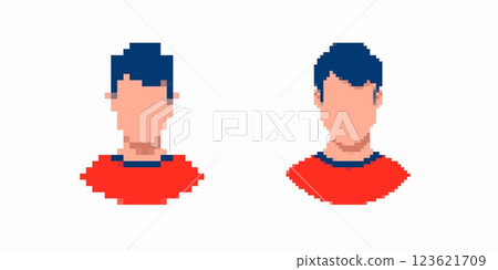 Side by side comparison of pixel art heads showing unique hair and clothing styles Side by side comparison of pixel art heads showing unique hair and clothing styles 123621709