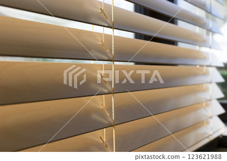 Sunlight filters through wooden window blinds, casting soft shadows on the slats 50mm. The close-up view highlights the texture of the wood and the delicate cords that control the blinds movement. 123621988