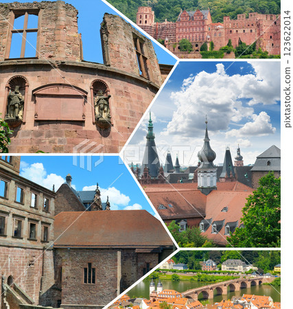 An ancient, partially ruined brick structure from Heidelberg Castle in Germany, with large arched windows framed by weathered stone. Collage. An ancient, partially ruined brick structure from Heidelberg Castle in Germany, with large arched windows framed by weathered stone. Collage. 123622014