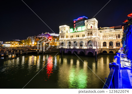 Night view of Fisherman's Wharf in Macau, China, the first-ever cultural, themed, and creative attraction in the tourism industry of Macao.  123622074