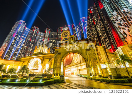 Beautiful night view of Studio City is a hotel casino resort on the Cotai Strip in Macau, China, the Hollywood studio-themed leisure resort. 123622101