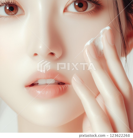 A young Japanese woman applying beauty cream to her cheek. Perfect character material for beauty, health and cosmetics advertising design 123622268